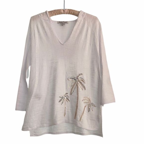 Tommy Bahama Cotton Hooded Sweater Sequin Palms - Picture 1 of 6